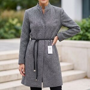 INC International Concepts Silk Wool Gray Tweed Belted Coat Jacket Size 12P Y2K